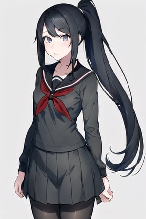 1girl, solo, long hair, dark grey eyes, skirt, black hair, school uniform, ponytail, pantyhose, serafuku, chibi,Yandere Simulator Style 