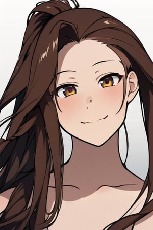 (8k,masterpiece, best quality, highres), 1girl,long hair, ((hair pulled back hairstyles)), brown hair,brown eyes, smile,(closed mouth:1.2) ,delicated eyes, delicated face,hair accessories,focus,portrait,Yandere Simulator Art Style 