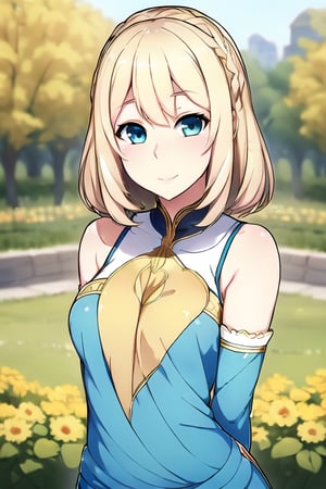 1girl, upper body, beautiful young woman, blonde, smiling, (in beautiful Ukrainian national costume of blue-yellow color), sunny day, botanical garden, realistic,Yandere Simulator Style 