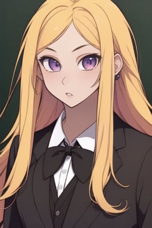 1girl, solo, long hair, looking at viewer, bangs, shirt, 1boy, bow, jewelry, purple eyes, jacket, upper body, Yellow hair, earrings, parted lips, collared shirt, indoors, bowtie, black shirt, dress shirt, black bow, swept bangs, black bowtie, chalkboard