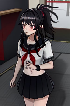 RyobaAishi, 1Girl, black serafuku, grey skirt, black hair, long hair, ponytail, dark grey eyes, Yandere Simulator Style 