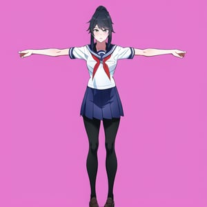 Ayano Aishi,1Girl,School uniform,Black hair,Dark grey eyes,Ponytail, white Serafuku,Pale skin, red neckerchief, blue skirt, black panyhose, white shoes, full body 