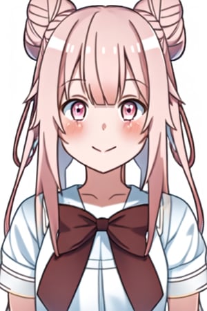 1girl, solo, long hair, looking at viewer, blush, smile, bangs, simple background, white background, bow, ribbon, closed mouth, upper body, pink hair, hair bow, virtual youtuber, pink eyes, hair bun, double bun, black bow