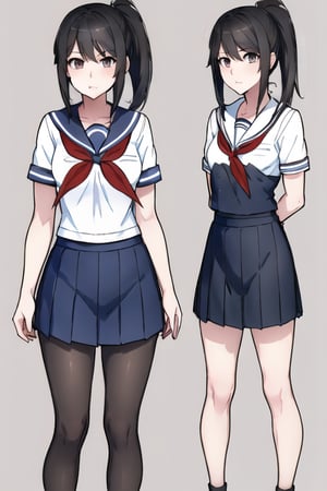 1girl, solo, long hair, looking at viewer, skirt, simple background, black hair, school uniform, grey eyes, standing, full body, ponytail, short sleeves, pantyhose, pleated skirt, shoes, serafuku, sailor collar, blue skirt, neckerchief, black pantyhose, brown footwear, pink background, outstretched arms, loafers, red neckerchief,Yandere Simulator Style 