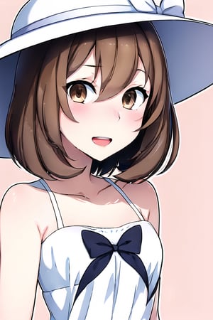 1girl, solo, breasts, looking at viewer, blush, smile, short hair, open mouth, bangs, simple background, brown hair, hat, dress, bow, hair between eyes, bare shoulders, brown eyes, collarbone, upper body, :d, teeth, sleeveless, white dress, sleeveless dress, white headwear, upper teeth only, pink background, bob cut, white bow, hat bow, sun hat, outline, sundress,Yandere Simulator Style 