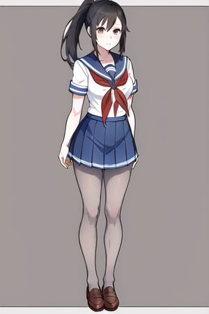 1girl, solo, long hair, looking at viewer, skirt, simple background, black hair, school uniform, grey eyes, standing, full body, ponytail, short sleeves, pantyhose, pleated skirt, shoes, serafuku, sailor collar, blue skirt, neckerchief, black pantyhose, brown footwear, pink background, outstretched arms, loafers, red neckerchief,Yandere Simulator Style 