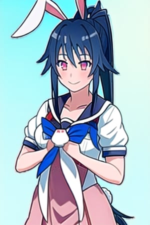 1Girl, Solo, rabbit outfit, long hair, blue hair, ponytail, pink eyes, smile, upper body,Yandere Simulator Style 