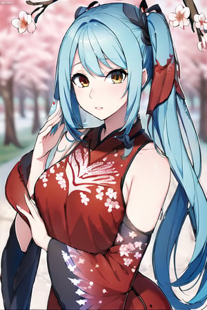 (masterpiece, top quality, best quality, official art, beautiful and aesthetic:1.2), (1girl), extreme detailed,(abstract, fractal art:1.3),highest detailed, detailed_eyes, light_particles, hanfu,jewelry, sexy, ,red,cherry blossom,The left hand's orchid fingers pinch a branch blooming with cherry blossoms,The right hand's orchid fingers lightly pinch the left sleeve,Yandere Simulator Style 