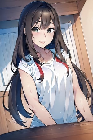 (8k,  best quality,  masterpiece,  ultra high res,  highly detail face:1.3),  portrait,  (18 years old girl:1.3),  beautiful,  kawaii,  (very wide shot :1.2),  (long hair :1.3),  dark hair,  ((bob)),  clothes,  from side:1.2, (happy smile :1.4), sweat ,  (morning:1.3), tennis-court, white tennis wear,  from below:1.3,Yandere Simulator Style 