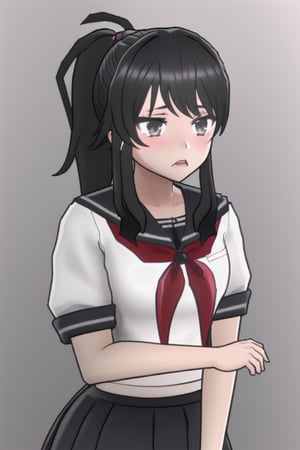 RyobaAishi, 1Girl, black serafuku, grey skirt, black hair, long hair, ponytail, upper body, dark grey eyes, Yandere Simulator Style 