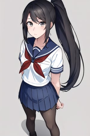 1girl, solo, long hair, looking at viewer, skirt, simple background, black hair, school uniform, grey eyes, standing, full body, ponytail, short sleeves, pantyhose, pleated skirt, shoes, serafuku, sailor collar, blue skirt, neckerchief, black pantyhose, brown footwear, pink background, outstretched arms, loafers, red neckerchief,Yandere Simulator Style 