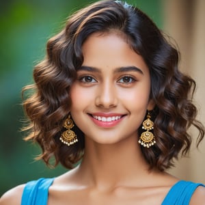 a portrait of a 22-year-old Indian girl with a youthful spirit. Her vibrant blue eyes sparkle with confidence, framed by a cascade of shoulder-length, bouncy brown curls. Her heart-shaped face boasts high cheekbones with a natural rosy flush, while a small, proportional nose sits delicately above full, pink lips that hint at a smile. A well-defined jawline adds a touch of strength to her overall features, making her a vision of both beauty and self-assurance.