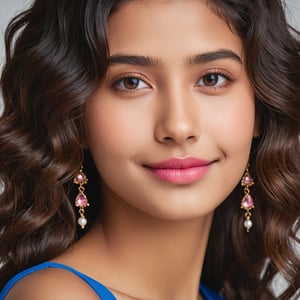 a portrait of a 22-year-old Indian girl with a youthful spirit. Her vibrant blue eyes sparkle with confidence, framed by a cascade of shoulder-length, bouncy brown curls. Her heart-shaped face boasts high cheekbones with a natural rosy flush, while a small, proportional nose sits delicately above full, pink lips that hint at a smile. A well-defined jawline adds a touch of strength to her overall features, making her a vision of both beauty and self-assurance.