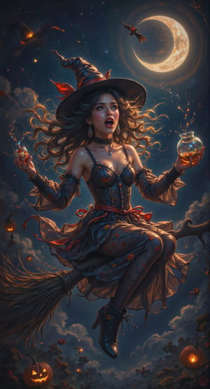 A bewitching Halloween scene: A beautiful woman, witch with wild, curly hair and mismatched attire soars above the crescent moon on her trusty broom, spilling potion ingredients in all directions as she exclaims in shock. The dark, starry sky behind her is aglow with distant, glowing witch hats, while swirling clouds add to the whimsical atmosphere.