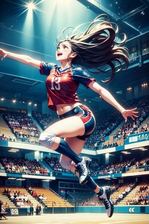 A high-energy masterpiece captures a stunning woman in a vibrant volleyball uniform mid-jump, her long hair flowing behind her as she spikes the ball. The dynamic tension is palpable as her arms outstretched and legs coiled for impact. In the background, a sea of spectators fills the large arena, their faces aglow with excitement. The volleyball court's bright colors and lines provide a striking backdrop for this athlete's triumphant moment.