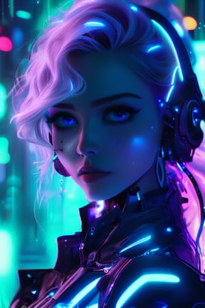 beautiful pale cyberpunk female, hyper detail, cinematic lighting, purple hair, emerald neon light city, 4k, trending on artstation, pixiv, perfect detail,  Artstation illustrators, intricate details, face, passion smile, full body portrait, headshot, illustration, UHD, 4K, high resolution face, detailed face, high definition eyes, detailed eyes,cyberpunk style, cute face, anatomically correct, (sexy and aesthetic), (cybernetic, cyborg), color pallete, retro futuristic, space ship interior background, cyberpunk.