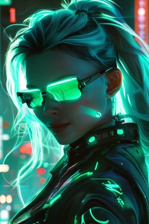 beautiful pale cyberpunk female, hyper detail, cinematic lighting, emerald hair, emerald neon light city, 4k, trending on artstation, pixiv, perfect detail, Jeremy Mann, Rutkowski, and other Artstation illustrators, intricate details, face, passion smile, neon sunglasses, full body portrait, headshot, illustration, UHD, 4K, high resolution face, detailed face, high definition eyes, detailed eyes,cyberpunk style