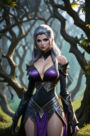 Sindel's (from game Mortal Kombat) striking features are illuminated by soft, golden lighting as she stands confidently in a misty, mystical forest. Her iconic gray hair flows down her back like a river of moonlight, pulled taut, accentuates her regal presence. The camera frames her from the chest up, highlighting the intricate details of her purple and black Sindel costume. In the background, towering trees loom, their branches tangled in a mesmerizing dance of twigs and leaves.