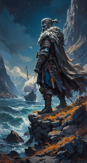 Masterpiece, graffiti artwork, extreme creepy halloween theme by ZloyOrk style, high quality. Extreme detailed character. A mighty Viking warrior stands tall on the edge of a fjord, his full-body fur cloak billowing in the wind as he gazes out at the rough seas. Dramatic lighting casts a heroic shadow across his bearded face, his piercing blue eyes burning with bravery. He wears battle attire, axe at the ready, as if preparing to launch into an adventurous journey on the legendary Viking longship sailing in the background. The dark sky above is dotted with stars, and the earthy tones of the surrounding landscape evoke a sense of mysticism. In this powerful scene, the strong frame of the warrior serves as a testament to his courage and valor, as he embodies the values of his ancient Norse culture.