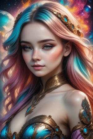 1girl, expressive eyes, beautiful medieval Goddess (Venus), steampunk, perfect face, wide angle lens, long multicolored hair, best quality, cinematic lighting, volumetric lighting, ((an extremely delicate and beautiful face)),  surreal, ink brushstrokes in background mastepiece quality, stunning image, colorful.