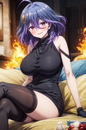 1girl Vermeil / ヴェルメイ, solo, purple hair, big breasts, looking at viewer, blush, smile, bangs, hair ornament, thighhighs, gloves, dress, holding, hair between eyes, bare shoulders, sitting, ruby eyes, ahoge, black thighhighs, black dress, crossed legs, fire, single glove, vivid color, masterpiece, best quality, amazing quality, very aesthetic, absurdres, depth of field., eft_vermeil