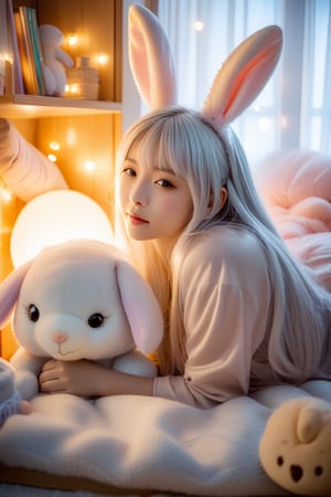 Softly lit bedroom scene featuring a stunning young woman with silver hair and fluffy bunny ears. She sits peacefully amidst a whimsical atmosphere, surrounded by pastel hues and plush toys. A giant rabbit plushie lies beside her, its glassy eyes shining in the warm glow of the bright lighting, accentuating the tender moment.