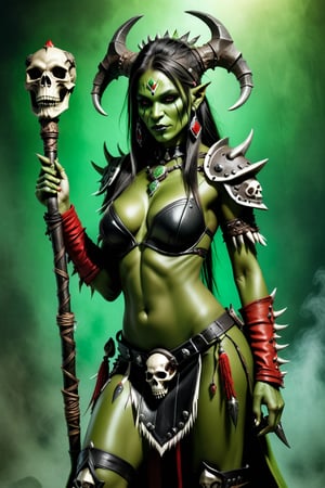  female shaman orc (((green skin))) dressed in a sexy leather outfit, sexy posing, shaman orc, green skin, tribal staff with animal skull skeleton and red crystal, animal skull in sholder, tabard, hood, creep, background from worl of war craft,