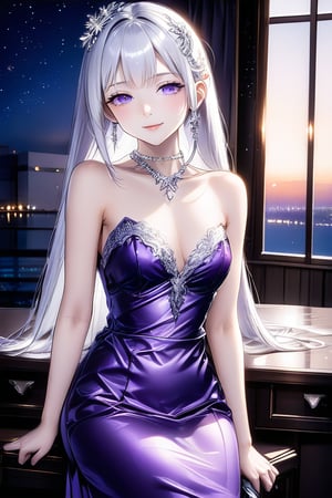 A very beautiful girl, elegant outfit (silver neckable, purple evening dress, silver hairpin, bare shoulders, elagent makeup), hime cut hairstyle, white hair, masterpiece quality, big suite window in back, it's night time, looking at viewer, upper body, stunning image, light particles, Anime Style.