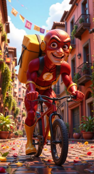 Meme, A 3d cartoon style, Superhero Flash is riding a bike down the street, on his back he has a large courier bag with logo - the inscription "Aliexpress" on it.