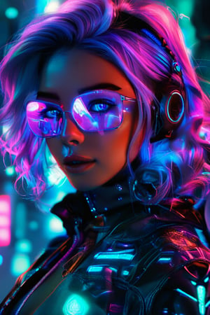 beautiful pale cyberpunk female, hyper detail, cinematic lighting, purple hair, emerald neon light city, 4k, trending on artstation, pixiv, perfect detail, Artstation illustrators, intricate details, face, passion smile, neon sunglasses, full body portrait, headshot, illustration, UHD, 4K, high resolution face, detailed face, high definition eyes, detailed eyes,cyberpunk style, cute face, anatomically correct, (sexy and aesthetic), (cybernetic, cyborg), color pallete, retro futuristic, space ship interior background, cyberpunk.