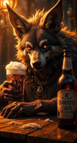 In 'ZloyOrk's Masterpiece', a majestic lycanthrope (anthropomorphic wolf) relaxes at a rustic wooden table, bathed in warm golden light. Its rich dark brown fur glistens subtly as it cradles a frosty beer glass, and big bottle beer with label "OCTOBERFEST 2024" on the table. Condensation-covered and perfectly posed. Claws gently wrap around the glass, conveying confidence and indulgence. Perfect background.  Rest solely on this extraordinary scene of a werewolf savoring a quiet night out at Oktoberfest.