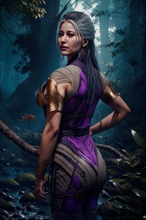 Sindel's striking features are illuminated by soft, golden lighting as she stands confidently in a misty, mystical forest. Her iconic gray hair flows down her back like a river of moonlight, pulled taut, accentuates her regal presence. The camera frames her from the chest up, highlighting the intricate details of her purple and black Sindel costume. In the background, towering trees loom, their branches tangled in a mesmerizing dance of twigs and leaves.