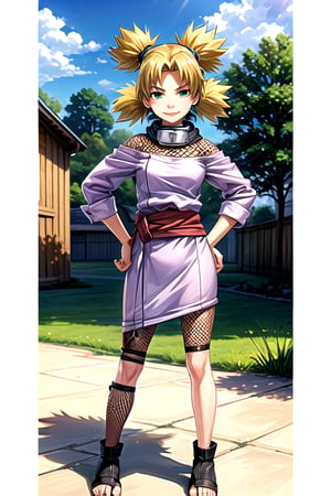 masterpiece, best quality, 1girl, ytemari, blonde hair,quad tails, dark green eyes, purple garment, sash, fishnets,  toeless footwear, looking at viewer, solo, hands on hips, standing, contrapposto, blue sky, cloud, hidden village, A sweet face and a smile