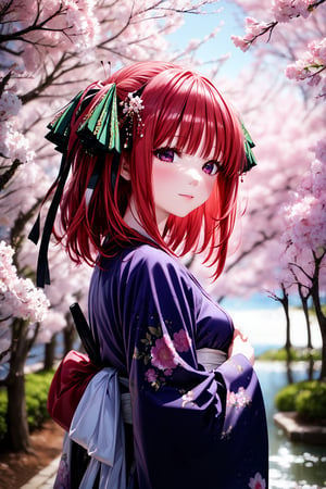 A medium shot of Nakano Nino standing amidst blooming cherry blossoms, gazing directly at the viewer with piercing  eyes (red) that sparkle like gemstones. Delicate light particles dance across her features as she wears a stunning kimono adorned with intricate jewelry, her red hair cascading down her back like a river of night sky. Capture the sensual atmosphere and alluring beauty in high detail, inviting us to step into this exquisite world, nino