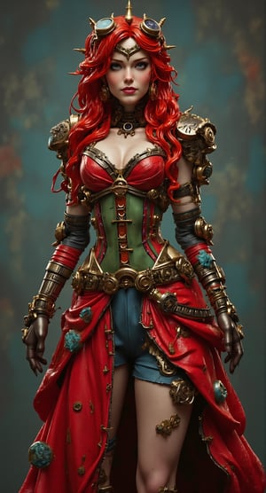 The beautiful model resin depicts a very beautiful red-haired woman dressed as the Queen of Love, blending regal elegance with steampunk and cybernetic elements. She wears a striking red dress with a green corset that emphasizes her waist, paired with a short blue skirt that adds a playful touch. The outfit is adorned with steampunk accessories—gears, goggles, and metallic details—integrated with cybernetic enhancements that give her a futuristic edge. The background is textured with complementary colors of red, green, and blue, creating a vibrant and dynamic atmosphere that highlights her commanding presence.