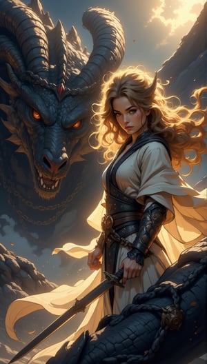 Prompt: Masterpiece, professional, award-winning, intricate details, ultra high detailed, 64k, volumetric light, dynamic lighting, Movie Aesthetic, action shot, comic book panels by Travis Charest and Phil Noto (colored). Extreme detailed character, A very beautiful dragon warrior girl, her proud features illuminated by a warm golden light. She wears a flowing cloak and holds a sword aloft, her gaze directed forward with unwavering determination. In the background, a massive dragon is chained, its scales glistening like dark gemstones as it gazes out at the warrior girl with ancient wisdom. Dark clouds gather on the horizon, threatening to unleash a storm, yet the warrior girl remains steadfast, ready to face whatever challenges lie ahead.,Midjourney style,anime