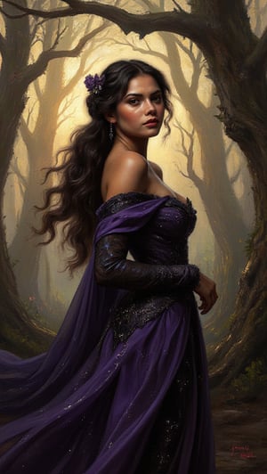 Oil painting style. A majestic of beautiful woman, spotlighting the ornate details of her purple and black attire, radiates confidence amidst an enchanted forest bathed in soft golden light. Her striking features, including long hair flowing like moonlit rivulets, command attention as towering trees loom in the background, their twisted branches weaving a hypnotic dance of twigs and leaves. oil painting