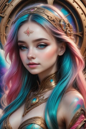 1girl, expressive eyes, beautiful medieval Goddess (Venus), steampunk, perfect face, wide angle lens, long multicolored hair, best quality, cinematic lighting, volumetric lighting, ((an extremely delicate and beautiful face)),  surreal, ink brushstrokes in background mastepiece quality, stunning image, colorful.