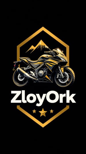 Logo badge. Design a modern and sleek logo that features a motorcycle at its core. The motorcycle should be stylized and dynamic, capturing the essence of speed and adventure. Surround the motorcycle with an elegant golden frame that highlights its form. Below or integrated with the motorcycle, incorporate the text 'ZloyOrk' in a bold and stylish font that complements the overall design. The color scheme should resonate with luxury, using gold prominently, along with contrasting colors to enhance the visual appeal