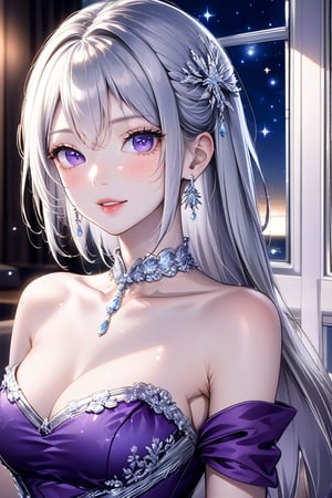 A very beautiful girl, elegant outfit (silver neckable, purple evening dress, silver hairpin, bare shoulders, elagent makeup), hime cut hairstyle, silver hair, masterpiece quality, big suite window in back, it's night time, looking at viewer, upper body, stunning image, light particles, Anime Style.