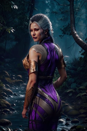 Sindel's striking features are illuminated by soft, golden lighting as she stands confidently in a misty, mystical forest. Her iconic gray hair flows down her back like a river of moonlight, pulled taut, accentuates her regal presence. The camera frames her from the chest up, highlighting the intricate details of her purple and black Sindel costume. In the background, towering trees loom, their branches tangled in a mesmerizing dance of twigs and leaves.