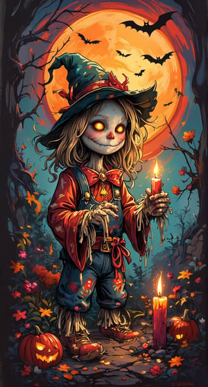 Masterpiece, graffiti artwork, halloween theme about a scarecrow and candle by ZloyOrk style, high quality, 8K resolution.