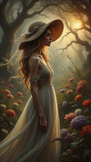 A dreamy oil painting captures a hauntingly beautiful moment: a statuesque woman stands tall within a lush wildflower meadow bathed in warm sunlight. Her golden locks cascade down her back, tied with a summer hat adorned with a jaunty ribbon, as she gazes wistfully into the distance, lost in thought. Framed from head to toe, her pose amidst vibrant flora exudes an air of melancholic longing, with the gentle glow illuminating her porcelain skin and wildflower-entwined hair, evoking mystery and unease in this dark and foreboding scene.