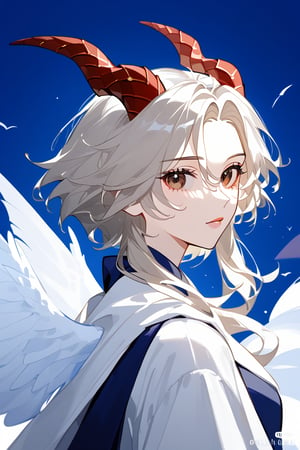 Dark blond hair with a few silver locks, two curvy white scaled horns on her head, dark brown eyes with silver and blue specks, average high, two big white dragon wings on her back, a white scaled dragon tail growing from her back with a fluffy blue tip on its end, 23 year old woman, aesthetic like neuvillette from genshin impact 