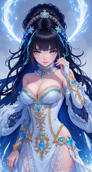 Create an anime-style illustration. Extreme detailed character. Snowflake-haired paladin stands solo, donning crystal armor and flaunting long, luscious locks with subtle bangs framing her face. A sultry smile plays on her lips as she strikes a sexy pose, adorned with hair beads and an elaborate lolita hairband. Her piercing blue eyes seem to sparkle against the rich darkness of her black locks, which cascade down her back like a waterfall. The intricate costume design features a pattern of white lace dress and delicate trims, punctuated by a snowflake-shaped hair ornament dangling from the top knot. Closed lips betray no hint of a smile, while white streaks woven through her multicolored hair add an air of mystique. A choker adorns her neck, complementing the blunt bangs that sweep across her forehead. The overall effect is one of breathtaking beauty and subtle menace, as if she might summon forth a storm at any moment.