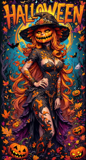 Stunning graffiti illustration by ZloyOrk. Haunted Pumpkin: A woman dressed as a pumpkin queen stands confidently, adorned with glowing orange accents and graffiti patterns of vines and leaves. The background is a Halloween-themed mural filled with spooky jack-o'-lanterns and swirling autumn leaves. On background big multicolored letters "HALLOWEEN 2024"