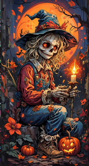 Masterpiece, graffiti artwork, halloween theme about a scarecrow and candle by ZloyOrk style, high quality, 8K resolution.