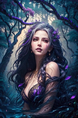 A majestic close-up of Sindel's upper body, spotlighting the ornate details of her purple and black attire, radiates confidence amidst an enchanted forest bathed in soft golden light. Her striking features, including iconic gray hair flowing like moonlit rivulets, command attention as towering trees loom in the background, their twisted branches weaving a hypnotic dance of twigs and leaves.