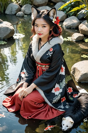 A serene masterpiece: Tekeli, a stunning 25-year-old model with striking black hair, adorned with animal ear fluff and a majestic black fox tail, sits majestically on a rock in the center of a crystal-clear pond. Her gentle smile and bright red inner hair radiate happiness as she gazes directly at the viewer. Wearing a exquisite hanfu kimono with intricate design and fur trim, her exposed shoulders and wide sleeves showcase her alluring bust. A cat collar and magatama necklace accentuate her ethereal beauty. Surrounded by lush greenery and koi fish, Tekeli holds a flower in her hand, exuding glamour and perfection.