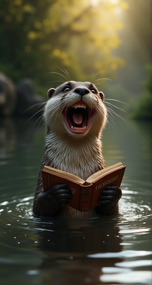 funny animals, Midjourney style, Photorealism, Cinematic style, high fidelity, realism, chiaroscuro, play of shadow and light, rays of light.
A playful otter floats on its back in a river, He holds a large book with the title "creating an interface for dummies" above his head with both hands.